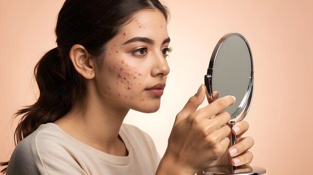 Woman looking at her face in a vanity mirror to inspect acne breakouts on her cheek.