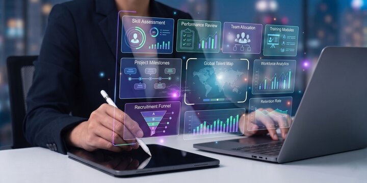 human resources management and talent analytics platform. holographic hr dashboard with skill assessment and performance review panels. professional using stylus pen on tablet in office.

