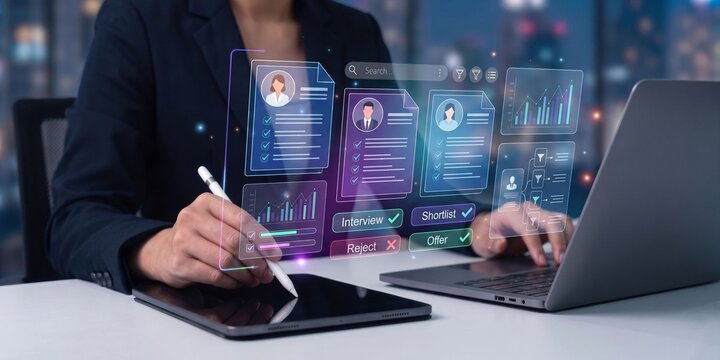 digital recruitment and candidate screening system. holographic resume profiles with interview and offer status buttons. hr manager filtering applicant cvs using stylus on tablet.

