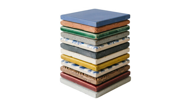 A neat stack of colorful handmade ceramic tiles of various colors and patterns isolated on transparent background