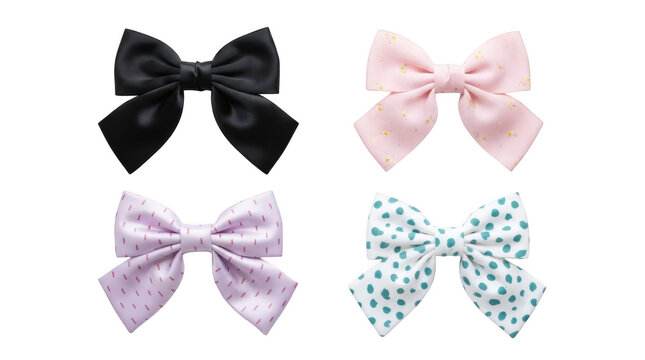 Set of four colorful hair bows for girls isolated on transparent background