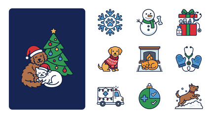 Obraz premium Cute flat design icon set for veterinary clinic and pet care, featuring animals, medical symbols, and holiday themes.