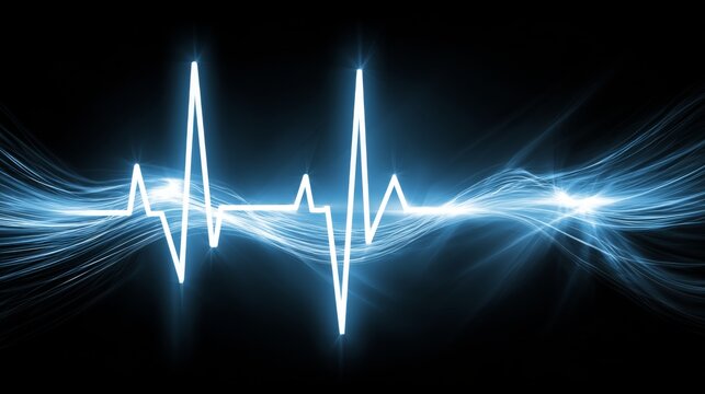 Abstract representation of heartbeat rhythm with glowing lines on dark background, symbolizing life, health, energy, and vitality in medical context