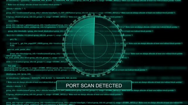 Cyber security alert: port scan detected hud interface with scrolling source code network security data breach