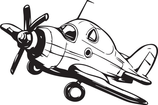 Vintage single engine airplane line art illustration isolated on white background with propeller plane black and white vector graphic flying vehicle old plane