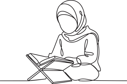 Continuous line drawing of a young muslim girl wearing a hijab reading a holy book on a stand