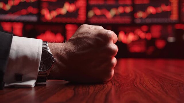 Angry trader clenched fist stock market crash red chart financial crisis loss stress risk panic bear market falling graph investment