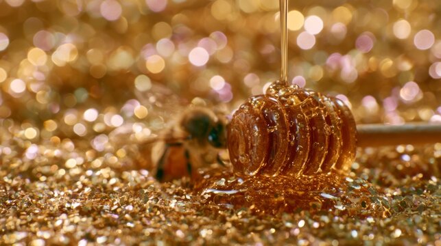 Close-Up of Honey Dripping from a Honeycomb with a Bee on a Shimmering Gold Background for Culinary or Nature Themes
