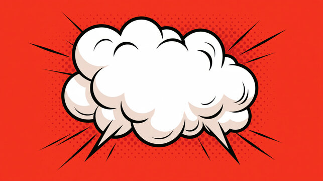 Comic cloud explosion with fluffy white burst, black outline, and red halftone background creating energetic chaos and impact