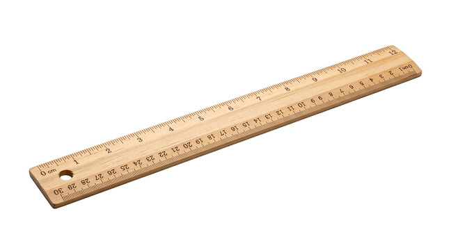 Wooden ruler with metric and imperial scales, 30cm natural wood measuring tool, classic school and office stationery on white background