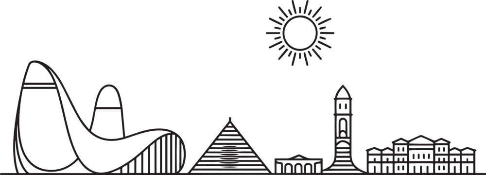 Minimalist line art illustration of the doha qatar city skyline featuring famous landmarks and the bright sun