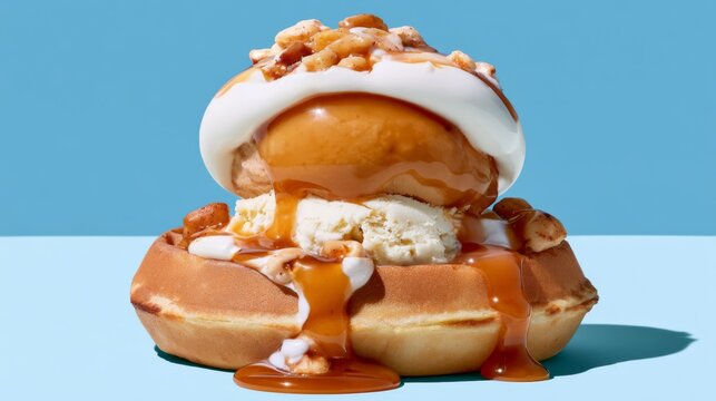 Indulgent Dessert Confection with Ice Cream, Creamy Topping, Crunchy Nuts, and Drizzled Sauce on a Bright Blue Background