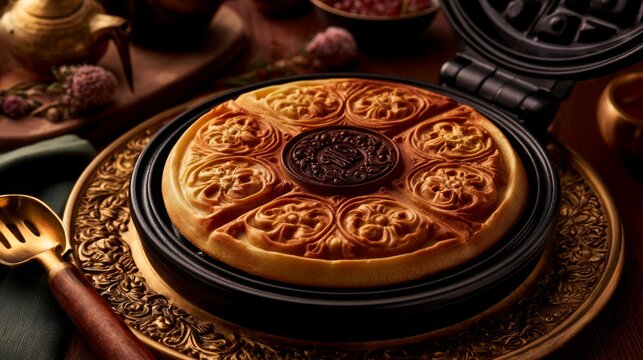 Traditional baked dessert on an ornate plate with intricate patterns, surrounded by rustic kitchen items and warm lighting for an inviting atmosphere