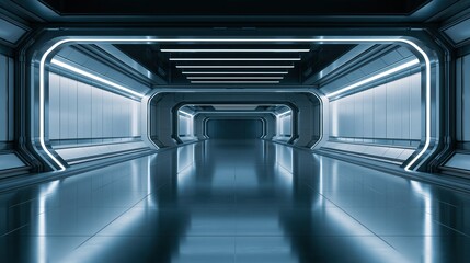 Fototapeta premium Empty futuristic sci-fi spaceship corridor with glowing blue neon edge lighting and reflective glossy floor modern futuristic architecture interior concept