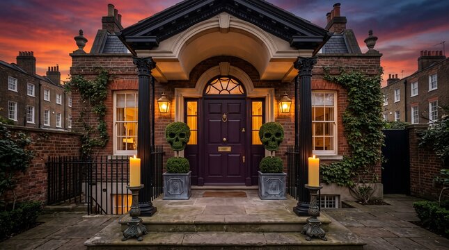 Georgian Townhouse Porch with Cast Iron Columns, Topiary Skulls, and Ember Dusk
