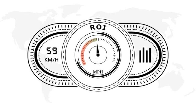 Universal level meter indicator with Roi text Animation.Gauge scale meter status performance on white background.Circular speedometer gauge with speed indicators on white background.4k video