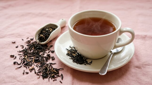 Warm cup of tea with loose leaves and spoon on saucer.