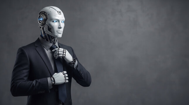 A humanoid robot wearing a formal dark suit and tie adjusts its necktie while standing ad social media download thambnail poster web template event festival 2026 2027 2028