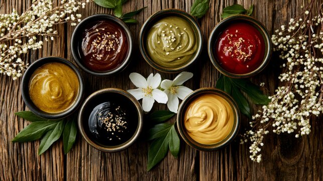 Various Colorful Dips and Sauces in Bowls on Wooden Surface Surrounded by Green Leaf and White Flower Accent