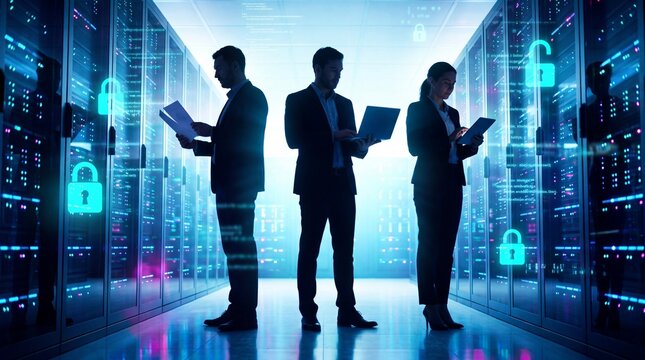 IT administrator working with laptop and tablet near server rack in modern data center. Corporate engineering team maintaining security policy and digital network infrastructure.
