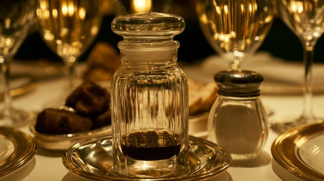 Elegant Dining Scene with Decorative Glass Bottle, Salt Shaker, and Gourmet Food on Table Surrounded by Fine Crystal Glassware and Candles