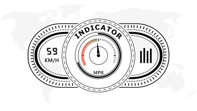 Universal level meter indicator with Indicator text Animation.Gauge scale meter status performance on white background.Circular speedometer gauge with speed indicators on white background.4k video