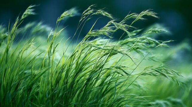 Lush Green Grass Glistening in Soft Breeze Under Gentle Sunlight Highlighting Fine Blade Textures and Vibrant Nature's Beauty in Outdoor Landscape Setting