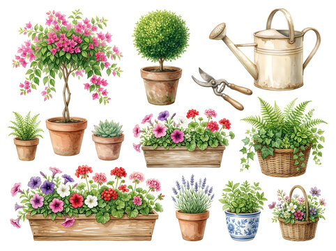Colorful potted plants and gardening tools arrangement