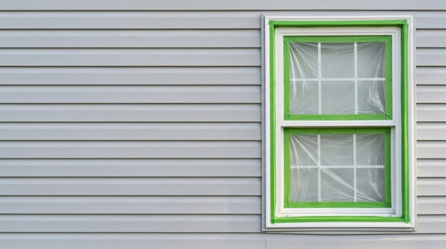 Carefully masked window sash with protective plastic film and tape before exterior painting