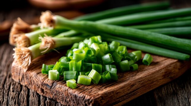 Freshly Chopped Green Onions on Wooden Cutting Board with Whole Scallions in Background for Culinary Arts and Healthy Cooking Inspiration