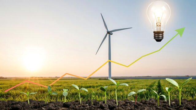 Renewable energy concept with wind turbine, solar power, growing plants, and rising graph representing sustainable development