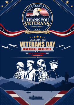 Celebrating Veterans Day 2026 Thank You Veterans Patriotic Military Banner featuring military service members, bald eagle, American flag, aircraft, naval ships, mountains, and red white blue elements 