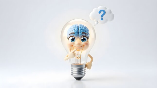 Lightbulb character with a brain thinking with a question mark on a white background