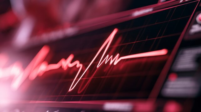 Heartbeat Monitor Display with Cardiac Rhythm Graph Visualization in Red Tones for Medical and Health Concepts