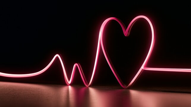 Neon heart shape with heartbeat graph in vibrant pink glowing light against dark background, symbolizing love, passion, and energy in modern art design.