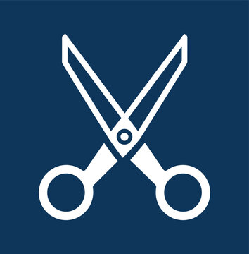 White scissors icon on dark blue background symbolizing cutting, editing, trimming, and design tool functionality