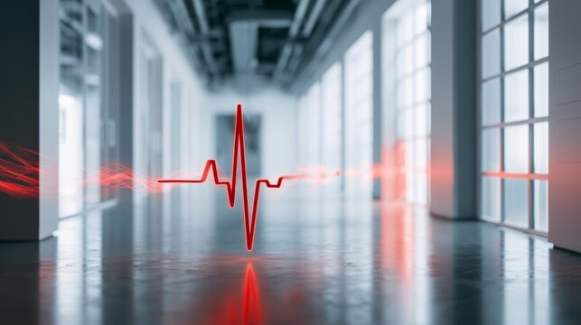 Abstract representation of heartbeat with red lines in a modern corridor showcasing health technology and medical themes in a contemporary environment