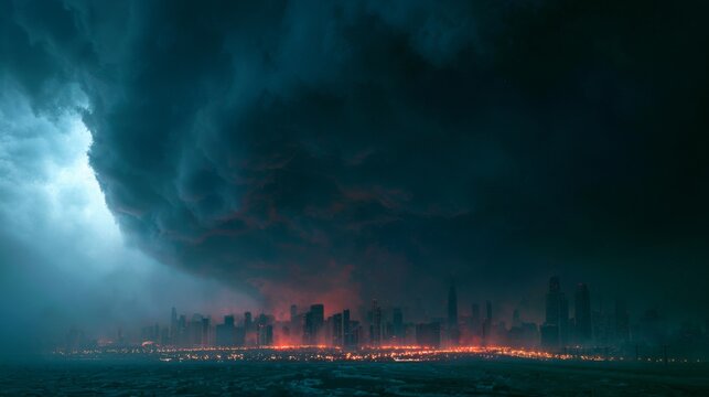 Dramatic Storm Over Cityscape with Dark Clouds and Fiery Lights Amidst a Gloomy Skyline in a Foreboding and Ominous Atmosphere