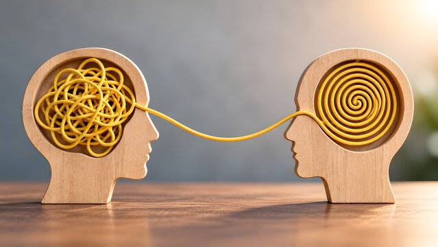"Two wooden head profiles connected by a wire showing tangled chaos transforming into organized spiral representing communication and problem solving"