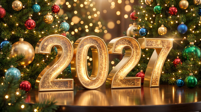 Golden numerals two thousand twenty seven stand before a festive christmas tree
