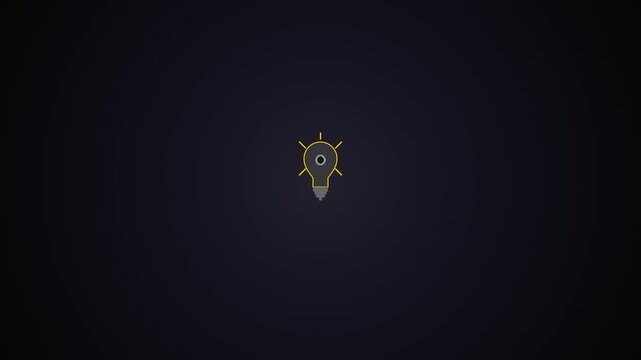 Lightbulb icon glowing against a dark background symbolizing innovation, creativity, problem solving and bright ideas with minimal graphic design style animation loop