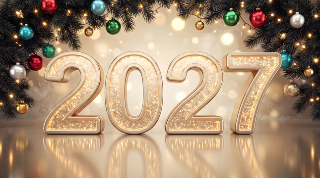 Golden numerals for two thousand twenty seven with festive holiday decorations