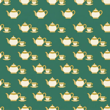 Teapot and Cup Grid Seamless Pattern in Jade Green and Gold Festive Icon Lunar New Year Background