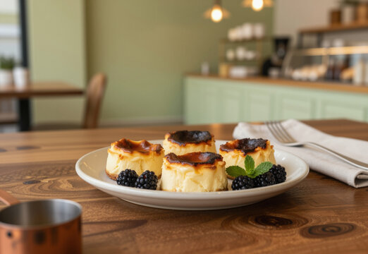 Mini Basque cheesecakes resting flat on a ceramic styling plate with berries on a dark wood table.
