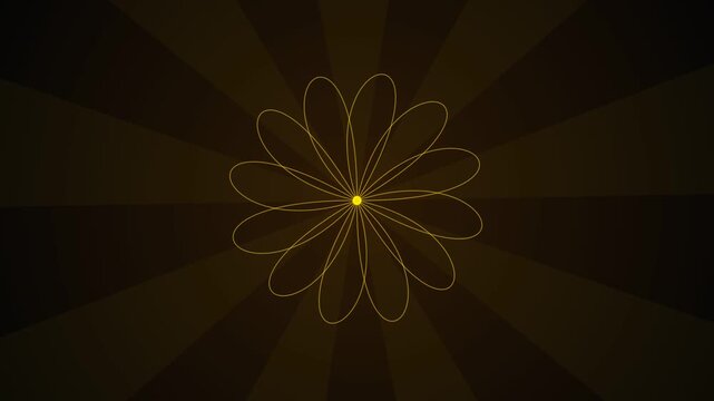 Abstract golden flower graphic animation rotating over a dark sunburst background loop motion design