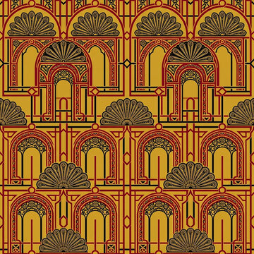 Arch Window Lattice Seamless Pattern in Crimson and Ink Black Lattice Geometric Lunar New Year Background