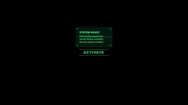 Futuristic cyber button with animated scanning underlines and a holographic tooltip revealing system status and authorization protocol.