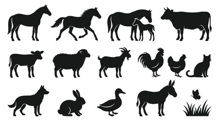 Obraz premium Farm animal silhouettes set, black livestock and domestic pet icons, 15 vector elements for agricultural branding and ranch signage