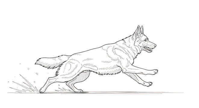 German Shepherd line art illustration, running dog sketch in profile, minimalist canine drawing for coloring book or logo design