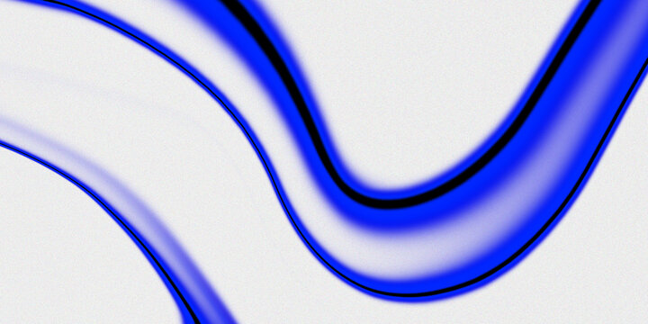 Blue glowing wavy ribbon curve flowing across a soft light grey background, abstract gradient line design with smooth blur and bold black outline for modern poster banner web header